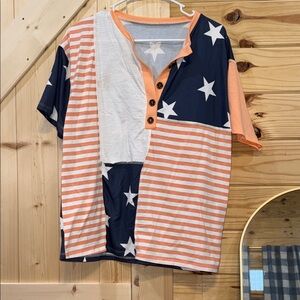 BiBi women’s Starry Striped Button Down Shirt - Navy, Orange, White